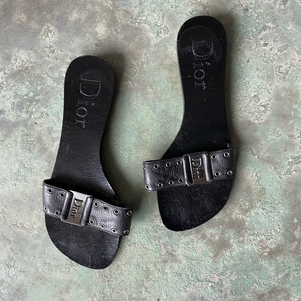 Vintage Dior black leather sandal slides